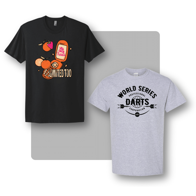 Two t-shirts featuring different team logos and designs.