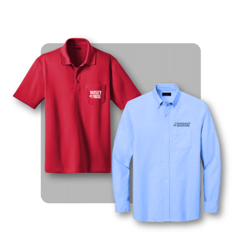 Red polo and blue long sleeve shirt featuring different logos.