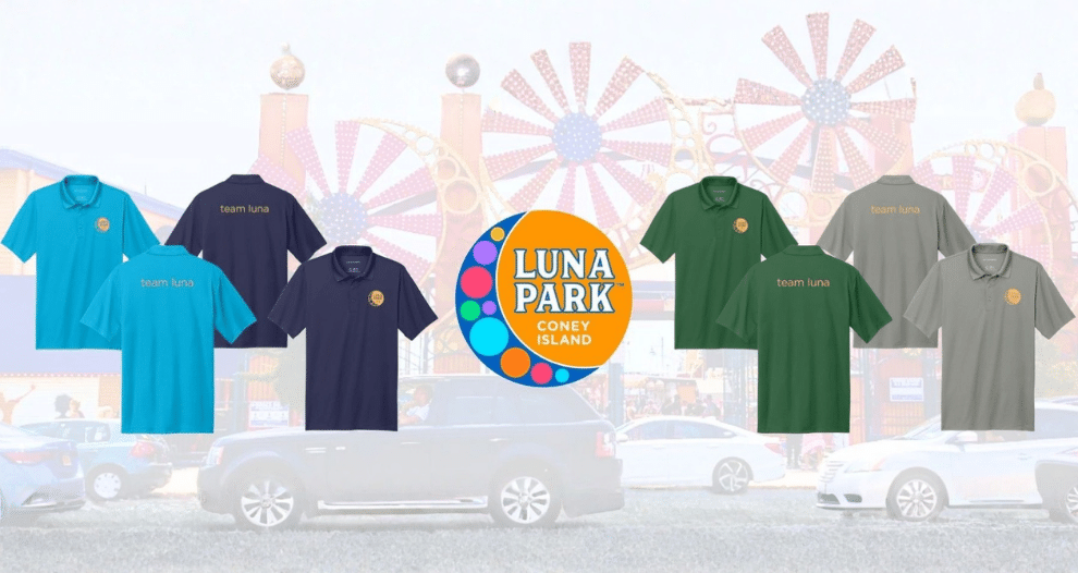Custom staff polos for Team Luna at Luna Park Coney Island displayed in several color options.
