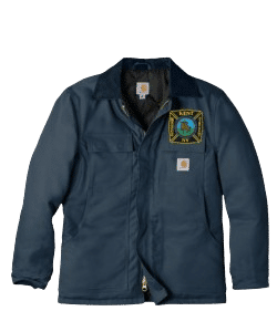 Navy work jacket with embroidered EMS patch and front pockets