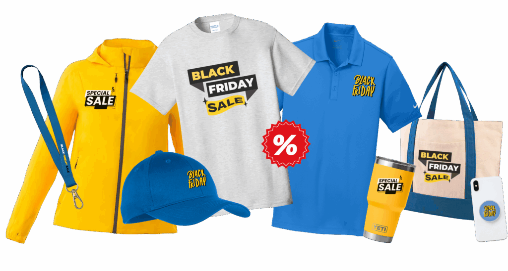 Black Friday sale items including hat, bag, t-shirt, and phone case on display