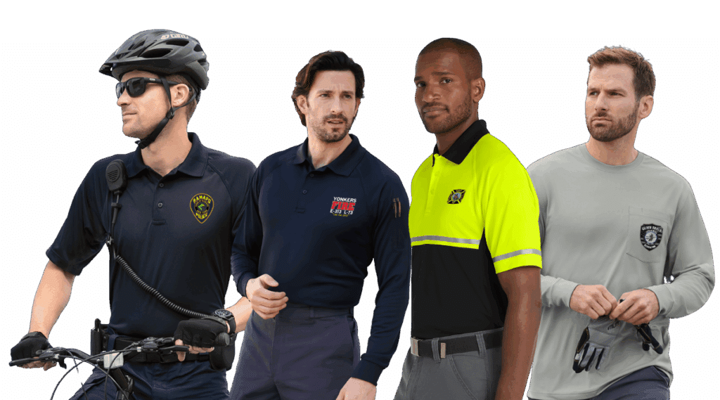 Group of professionals wearing custom police, fire, and safety apparel including polos and performance shirts on a transparent background