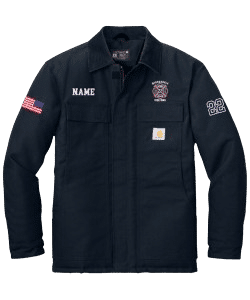 Navy work jacket with name embroidery, fire department logo, and American flag patch on a transparent background