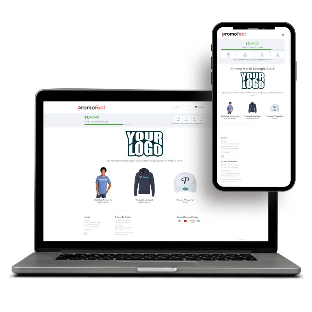 Laptop and smartphone displaying modern online store with branded shirts, hats, logo, and prices