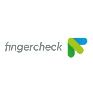 Fingercheck logo with gray lowercase text and green-blue arrow on white background