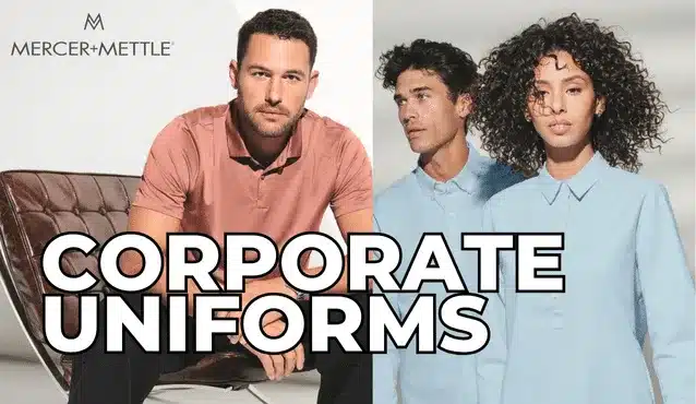 Three models in a corporate uniform ad. One in a peach polo, two in light blue button-ups. Text reads 'Corporate Uniforms'. Modern and professional
