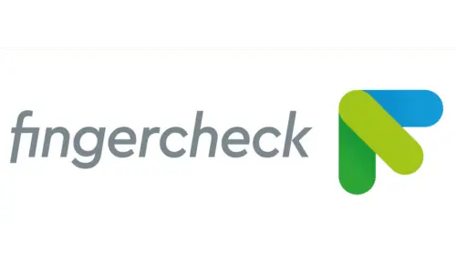"Fingercheck logo with gray text and blue-green abstract symbol