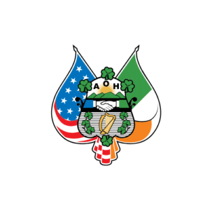 USA and Ireland flags emblem with handshake, shamrocks, harp on black