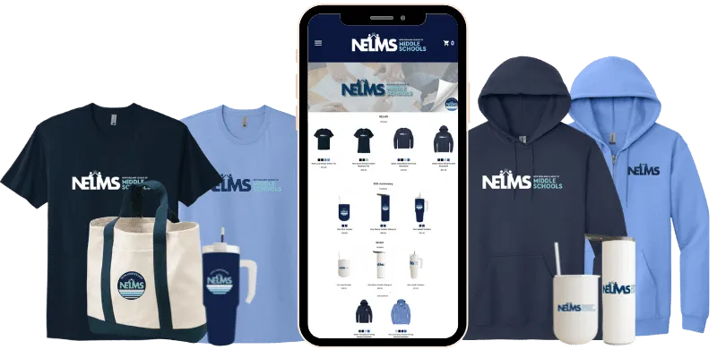 NE LMS branded merchandise t-shirts hoodies tote bags drinkware mobile display