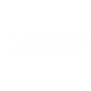 Next Level Apparel white logo with stylized shirt icon on black background.