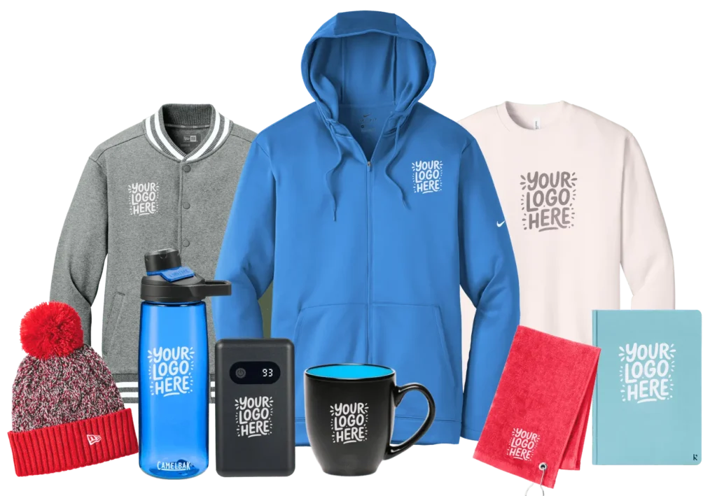 Promotional merchandise collection with custom logo apparel, drinkware, and accessories on black background
