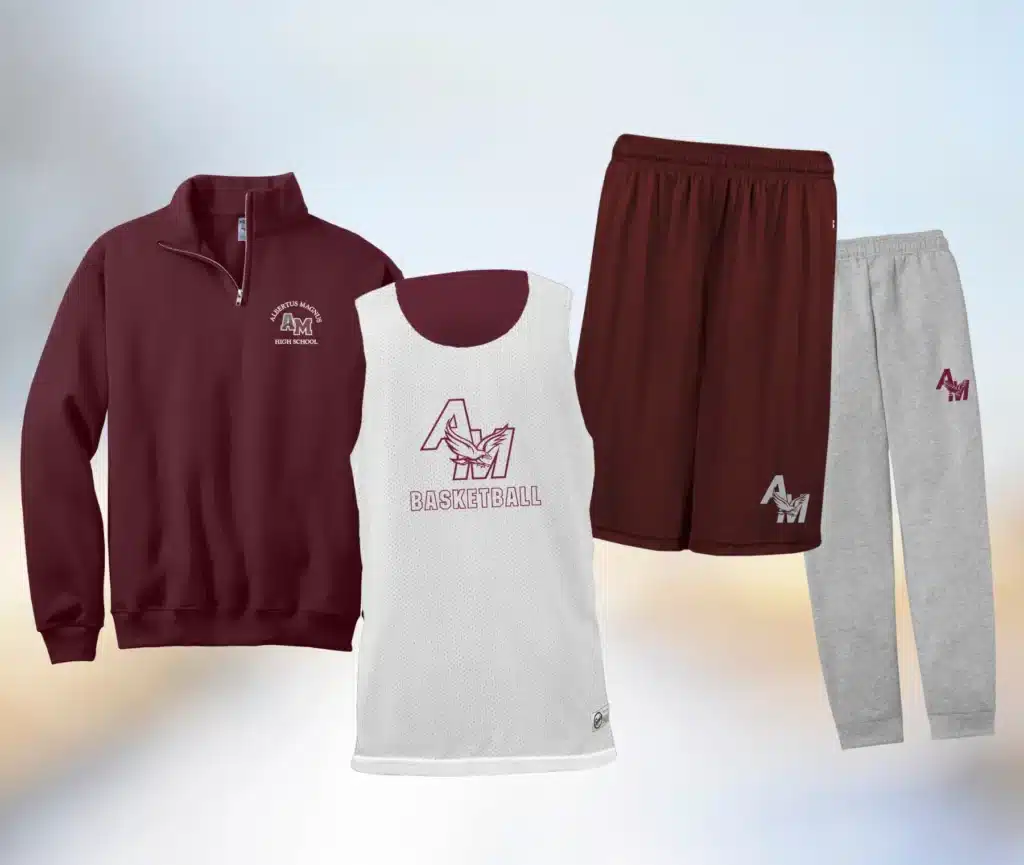 Maroon and white basketball sportswear set with shorts, pullover, sweatpants, and logos