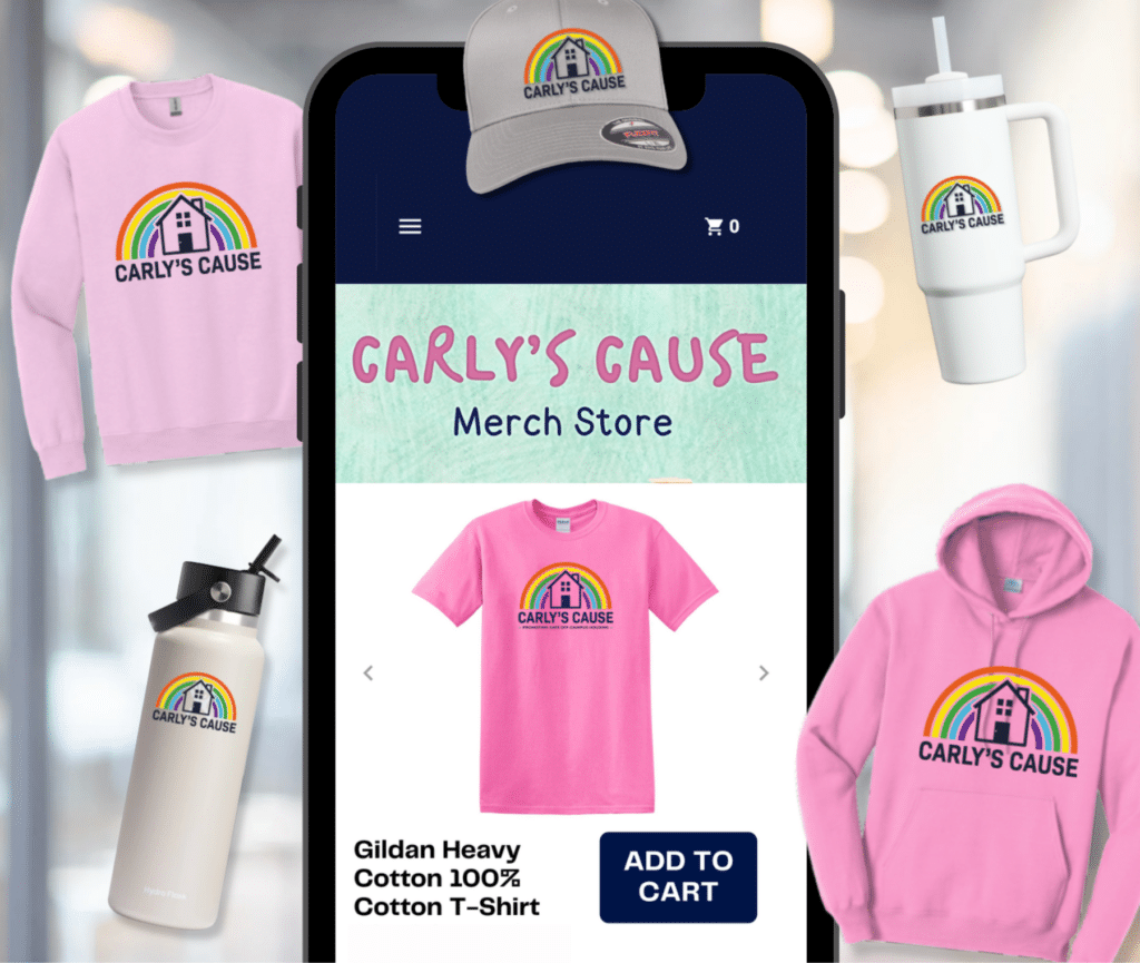 Custom printed Carly’s Cause apparel and promotional items displayed in online store format.