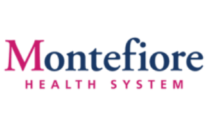 Montefiore Health System logo on black background with bold blue and pink lettering