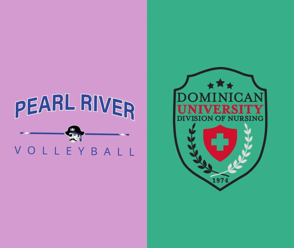 Split image of Pearl River Volleyball pirate logo and Dominican Nursing shield.