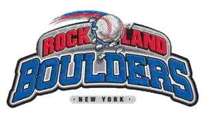 Rockland Boulders baseball logo with dynamic red-blue text and baseball breaking through, New York.
