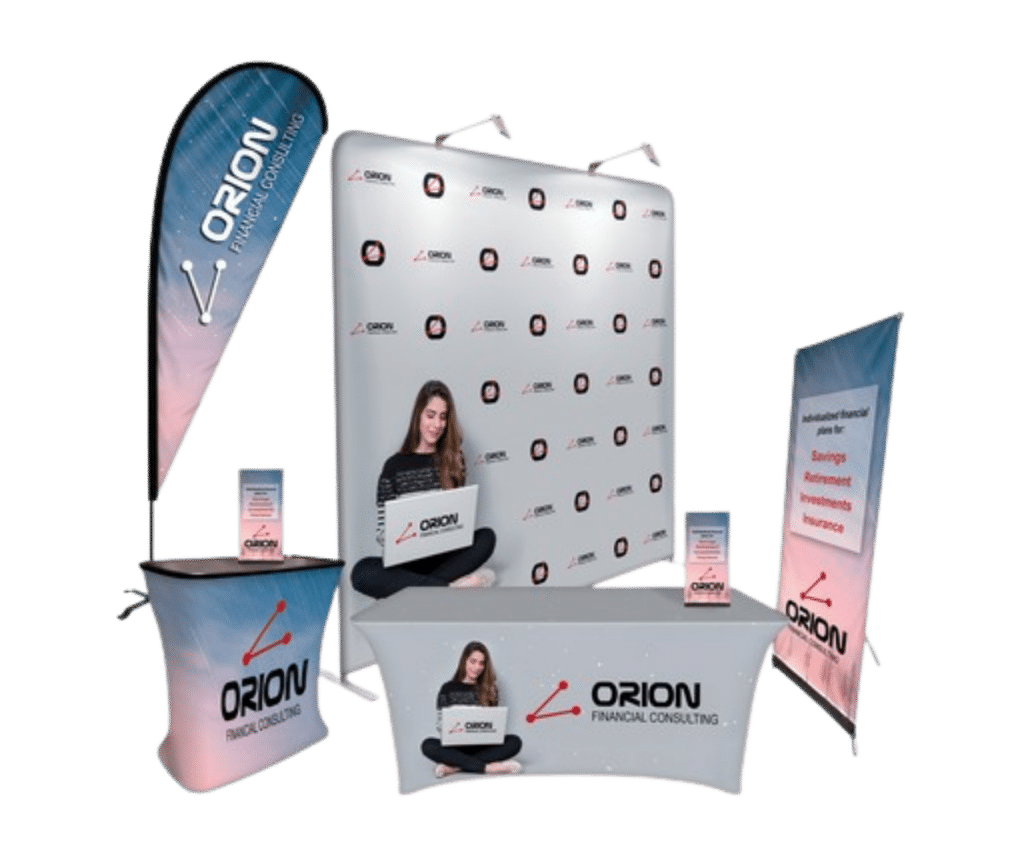 Custom trade show booth for Orion Financial Consulting with branded backdrop, table throw, and feather banners.