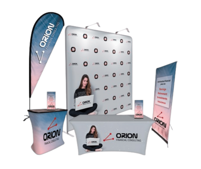 Custom trade show booth for Orion Financial Consulting with branded backdrop, table throw, and feather banners.