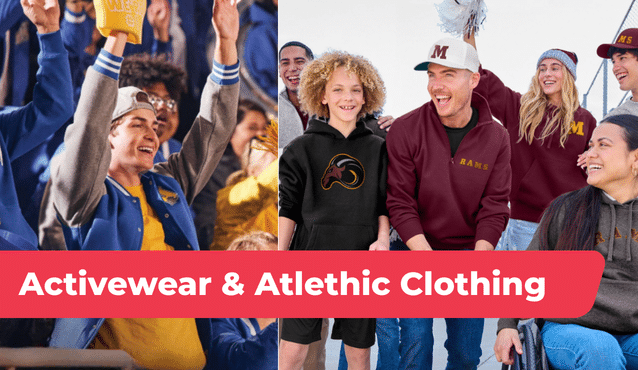 Custom activewear and athletic clothing collection featuring branded hoodies, varsity jackets, and team apparel.