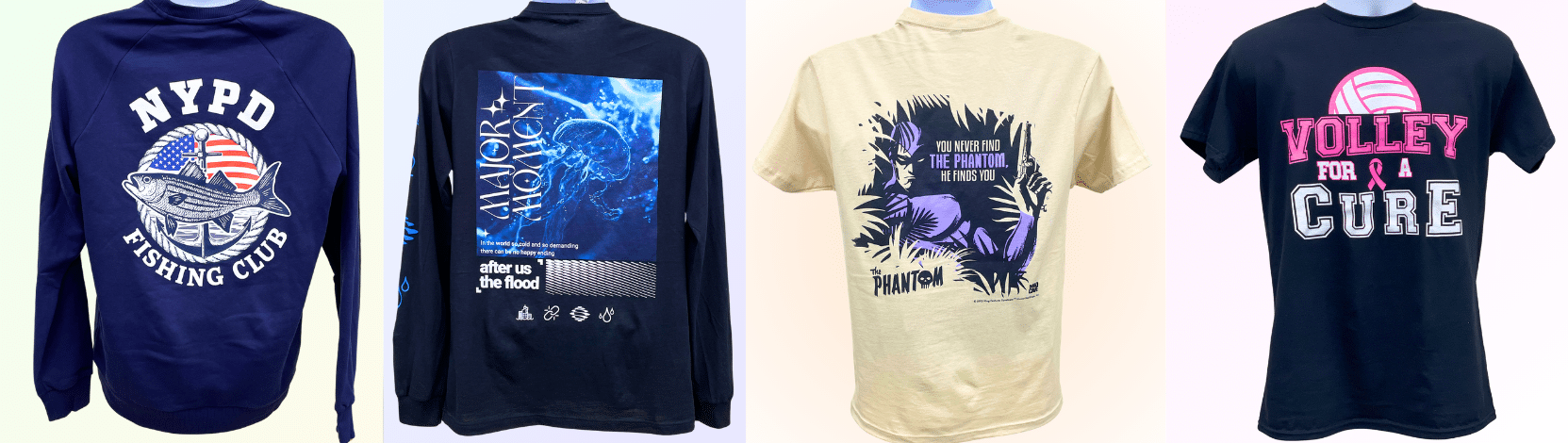 Custom printed sweatshirts and t-shirts with NYPD Fishing Club emblem, underwater jellyfish graphic, Phantom artwork, and breast cancer awareness volleyball logo.