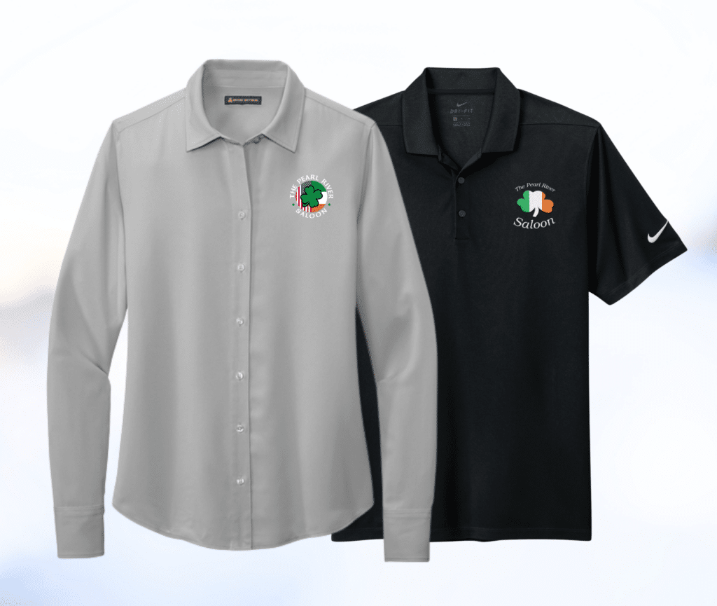 Custom embroidered Irish-themed logo on gray button-down shirt and black polo.