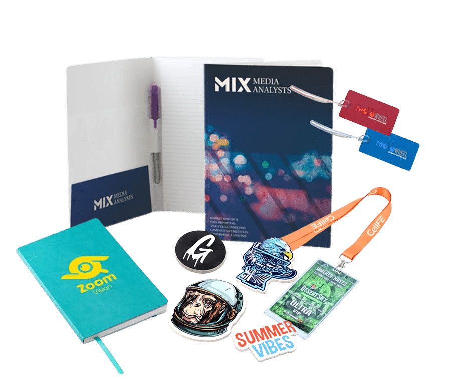 Custom corporate promotional products with branded office supplies and giveaways.