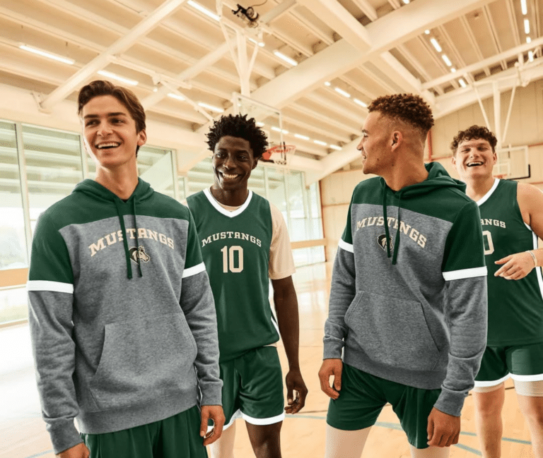 High school basketball players wearing green Mustangs jerseys and gray team hoodies in a gymnasium.