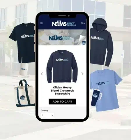 Mobile online store displaying custom branded apparel including sweatshirt, hoodie, t-shirt, and accessories for school merchandise ordering
