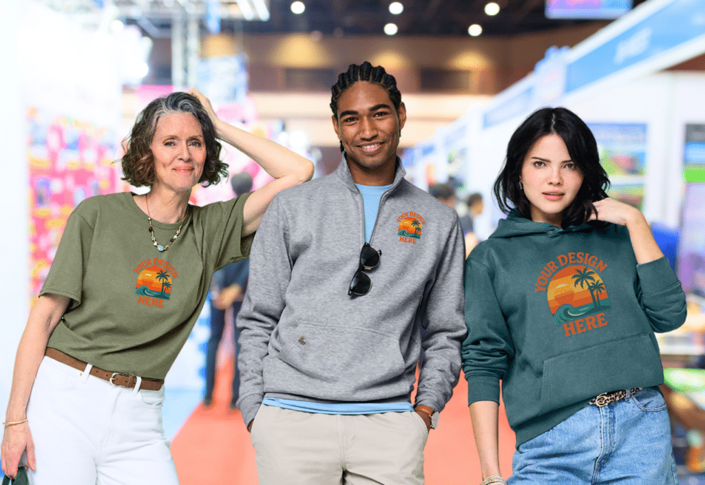 Three model wearing customizable promotional apparel with a placeholder design "Your design here" on a T-shirt, sweatshirt, and Hoodie.