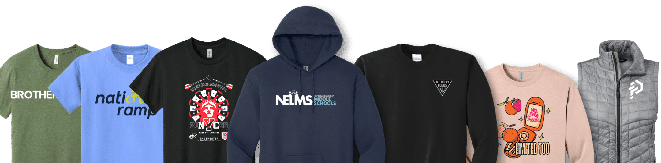 Custom apparel lineup with business, school, and graphic t-shirt designs displayed side by side.