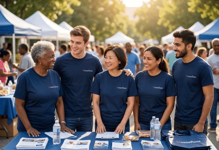 Five people in matching "Montefiore" T-Shirts in an outdoor event