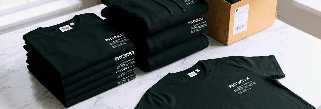 Stacks of custom branded T-shirts and hoodies prepared for corporate apparel distribution and employee onboarding.