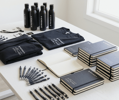 Custom corporate swag collection featuring branded T-shirts, notebooks, pens, and water bottles arranged for employee onboarding or promotional giveaways.