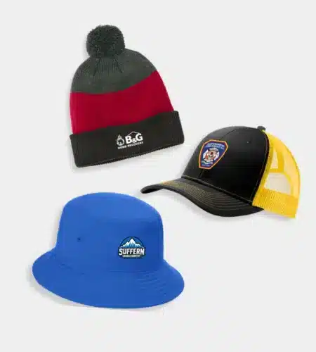 Three various hat styles including a red and black beanie, blue bucket hat, and a trucker cap displayed on a light gray background.