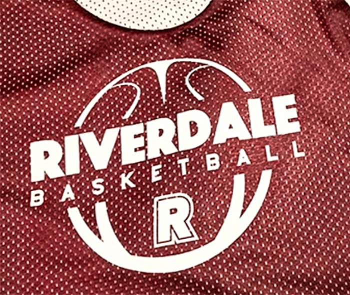 A red mesh basketball jersey featuring a white Riverdale Basketball logo with a large "R" graphic.