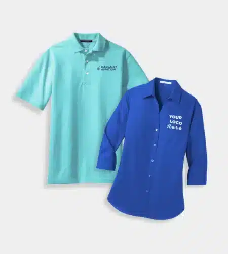 Two shirts, a light teal polo and blue button-down displayed for custom logo branding.