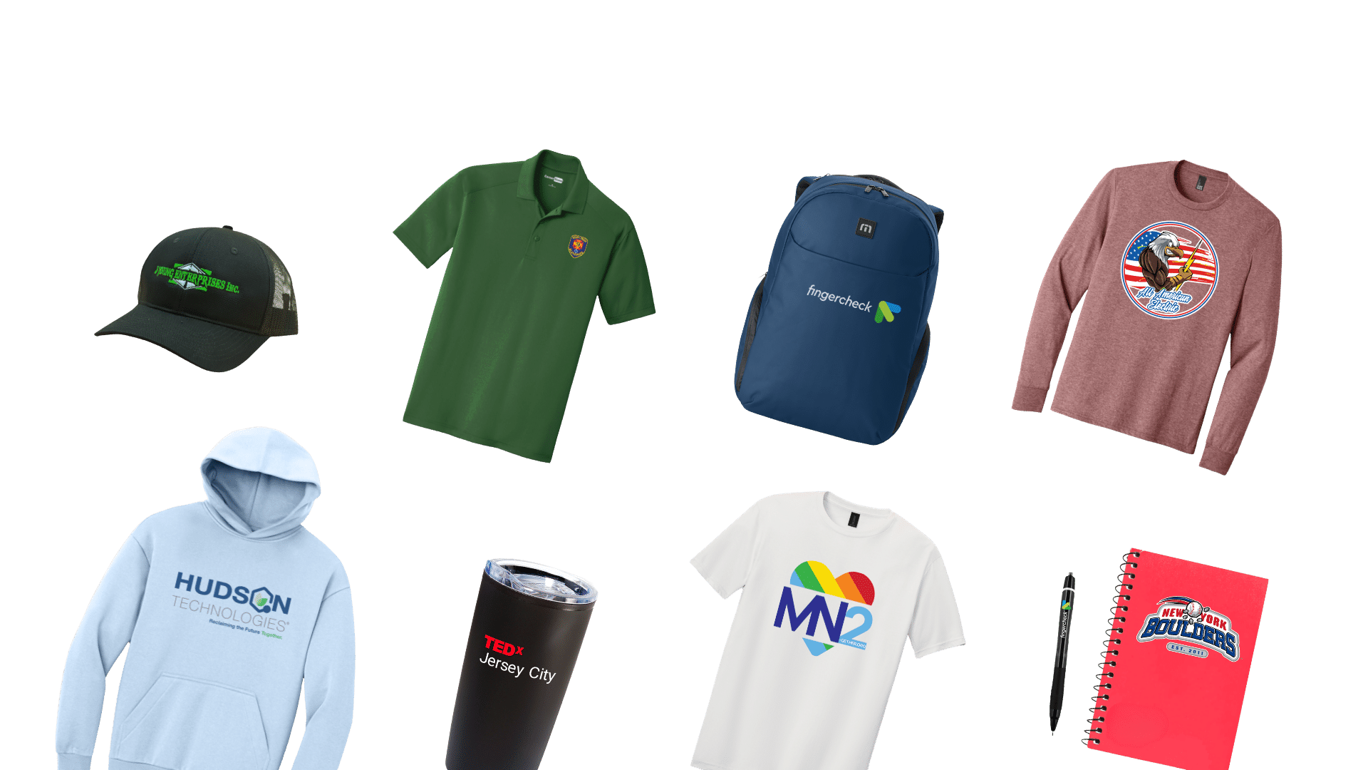 Collection of custom branded apparel and promotional products, including polos, hoodies, T-shirts, hats, backpacks, drinkware, notebooks, and pens for corporate branding and events, displayed on a transparent background