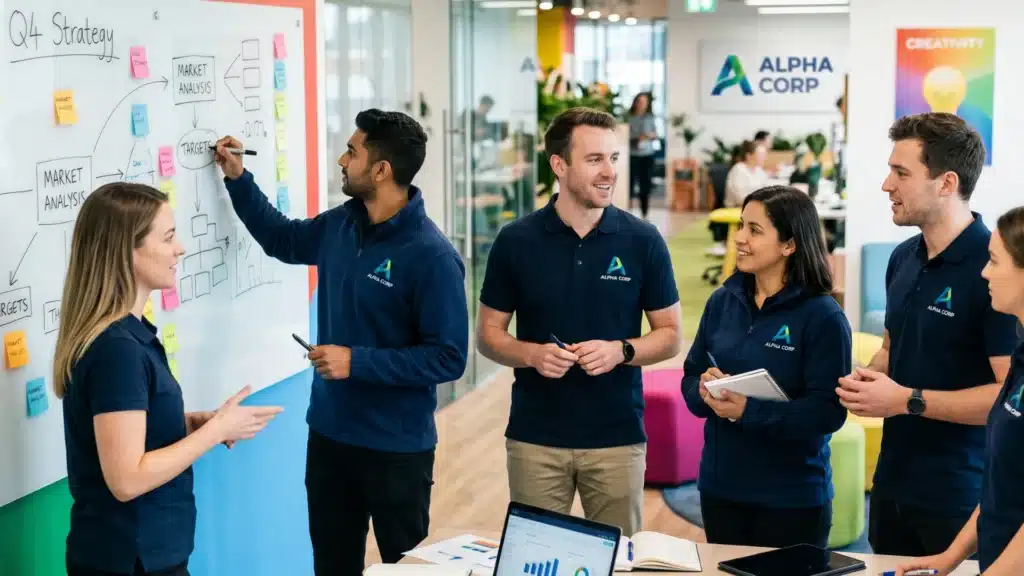 A diverse professional team wearing shirts with incorporated logo named "Alpha Corp" in an office setting, collaborates on a project using a whiteboard with diagrams.